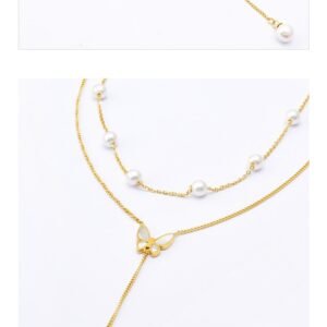 Butterfly Women's Titanium Steel Double-layer Chain Pearl Long Fringe Pendant Color-retaining V-neck Clavicle