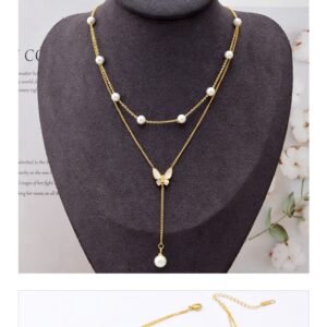 Butterfly Women's Titanium Steel Double-layer Chain Pearl Long Fringe Pendant Color-retaining V-neck Clavicle