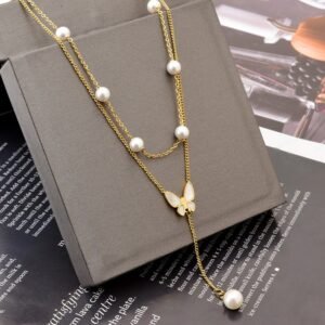 Butterfly Women's Titanium Steel Double-layer Chain Pearl Long Fringe Pendant Color-retaining V-neck Clavicle