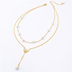 Butterfly Women's Titanium Steel Double-layer Chain Pearl Long Fringe Pendant Color-retaining V-neck Clavicle